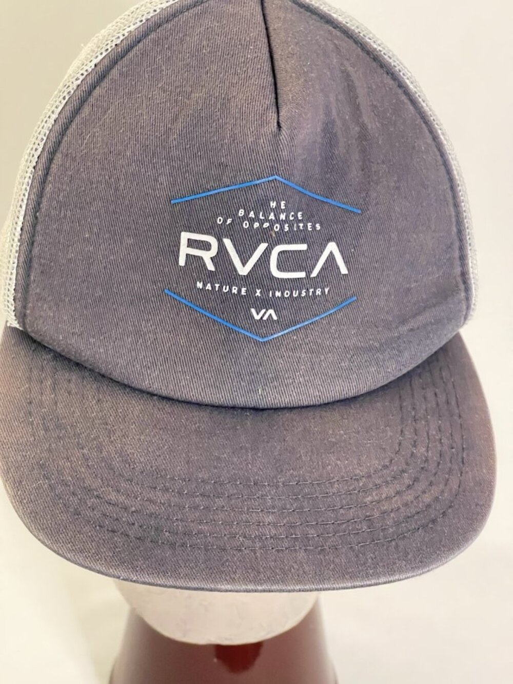 RVCA Trucker Hat Gray Blue Mesh Snapback Surf Skate Logo Cap Nature x Industry